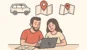 Illustration d’un couple planifiant un voyage sur un ordinateur portable, avec des icônes de van et de cartes affichées au-dessus d’eux.