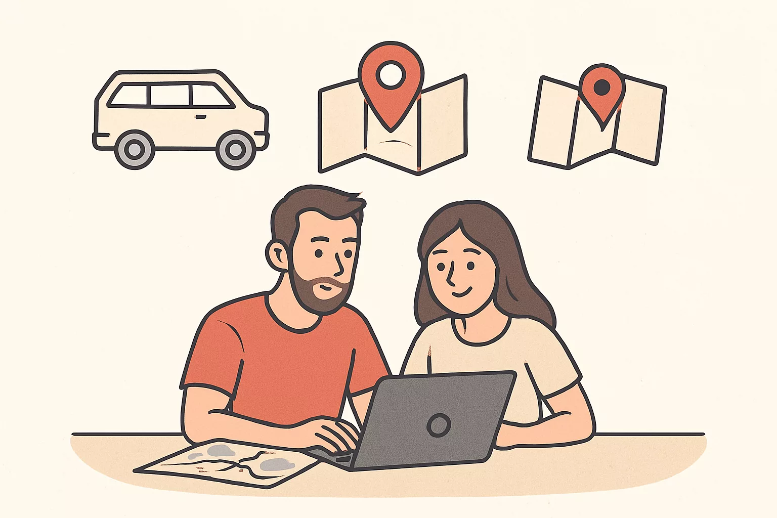 Illustration d’un couple planifiant un voyage sur un ordinateur portable, avec des icônes de van et de cartes affichées au-dessus d’eux.